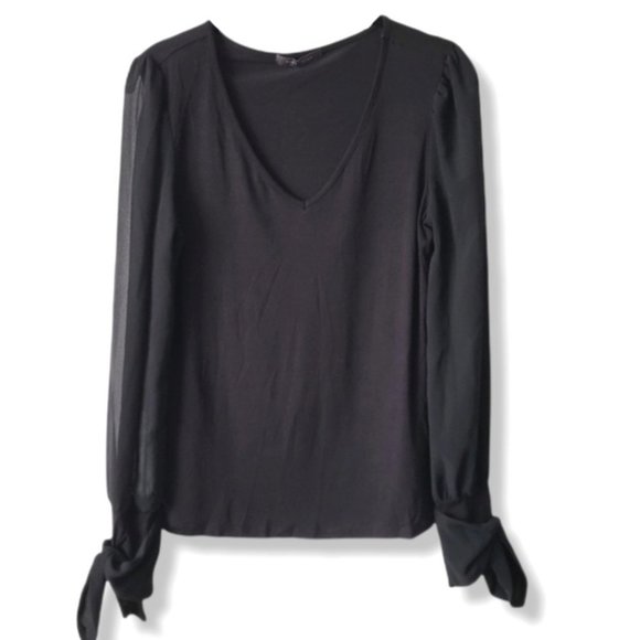 BLACK V-Neck Long Sheer Sleeve Blouse - Picture 1 of 9